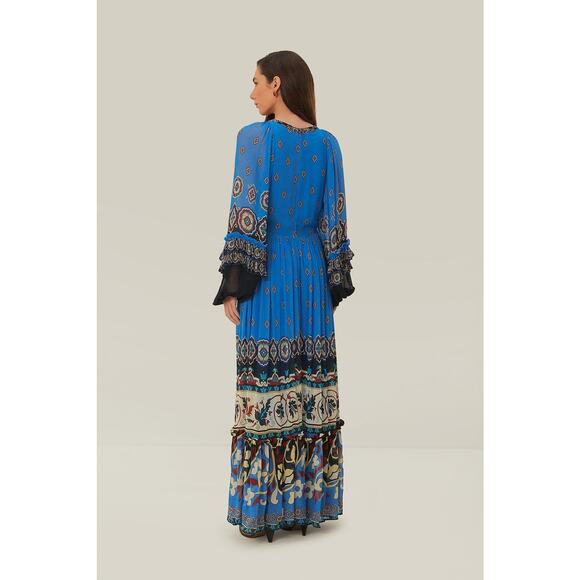 FARM RIO Blue Black Bell Sleeve Ainika Tiles Flowy V-Neck Maxi Gown Size XS - Picture 2 of 14